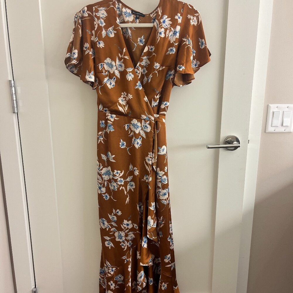 Satin Floral Midi Dress in Brown